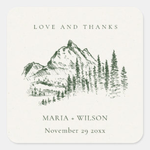 Rustic Green Pine Bossen Mountain Sketch Wedding Vierkante Sticker