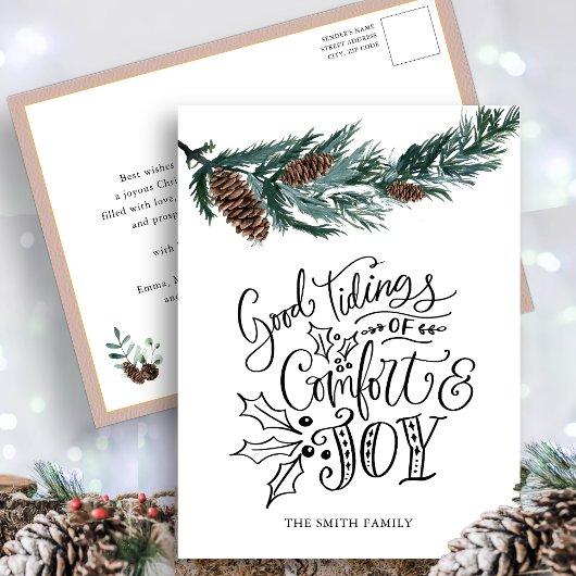 Rustic Green Pine cone Good Tidings of Comfort Joy Briefkaart