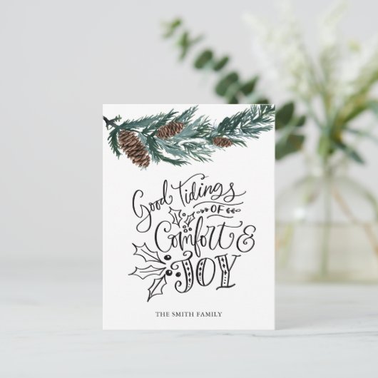 Rustic Green Pine cone Good Tidings of Comfort Joy Briefkaart (Staand voorkant)