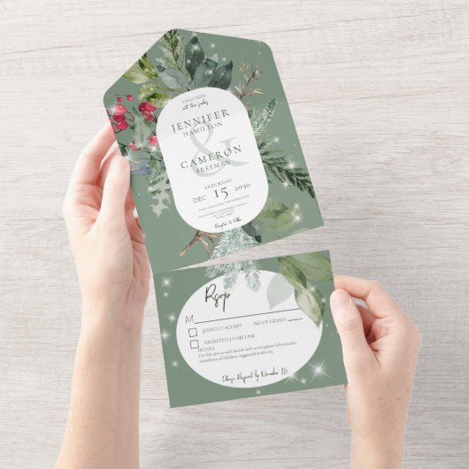 Rustic Green Pine & Holly Winter Sparkle Details All In One Uitnodiging (Afscheurbaar)