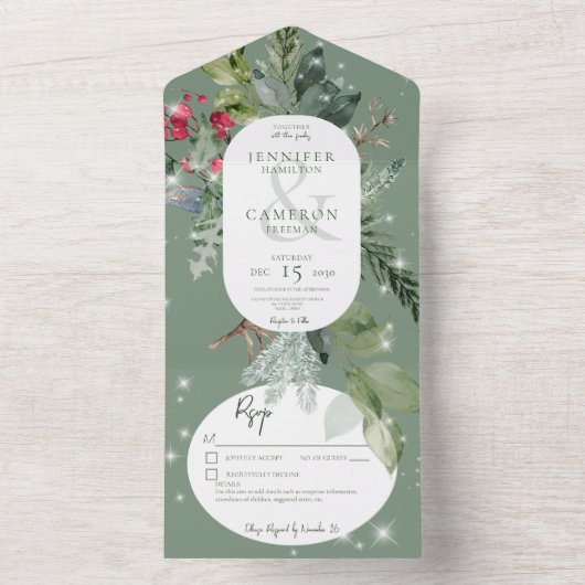 Rustic Green Pine & Holly Winter Sparkle Details All In One Uitnodiging (Binnen)