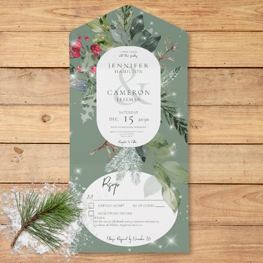 Rustic Green Pine & Holly Winter Sparkle Details All In One Uitnodiging