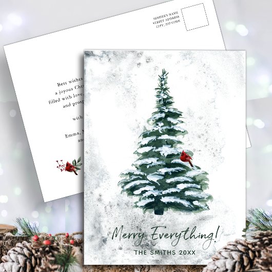 Rustic Green Pine Modern Script MERRY ALLES Feestdagenkaart