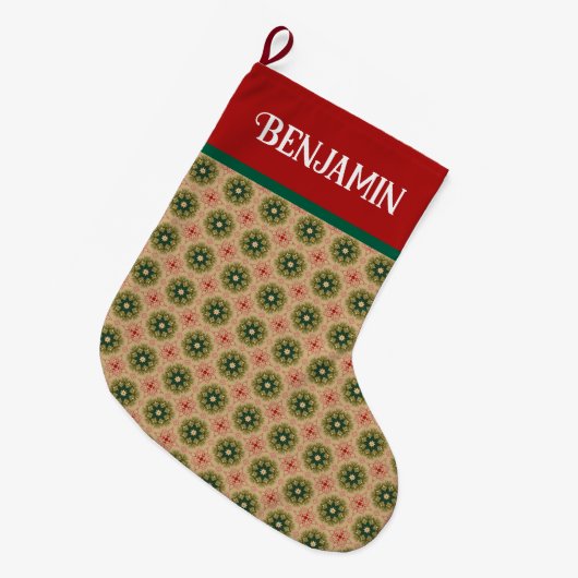 Rustic Green Pine Needles and Red Lace Grote Kerstsok (Voorkant (Hangend))