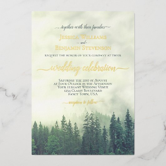 Rustic Green Pine Trees Elegant Wedding  Folie Uitnodiging (Voorkant)