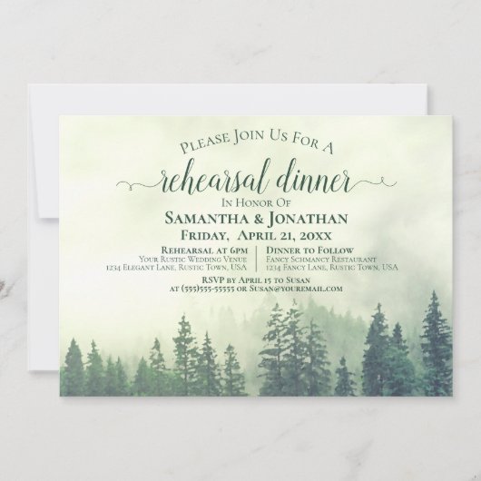 Rustic Green Pine Trees Wedding Rehearsal & Dinner Kaart (Voorkant)