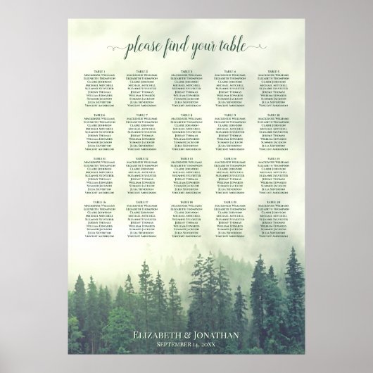 Rustic Green Pines 20 Table Wedding Seating Chart Poster (Voorkant)