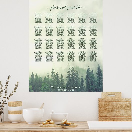 Rustic Green Pines 24 Table Wedding Seating Chart Poster (Keuken)