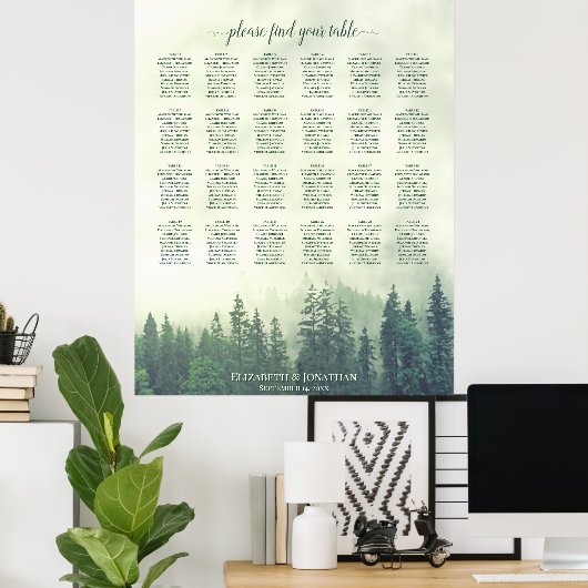 Rustic Green Pines 24 Table Wedding Seating Chart Poster (Thuiskantoor)