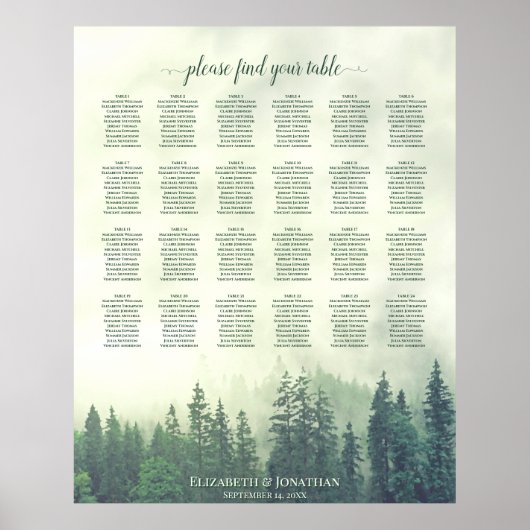 Rustic Green Pines 24 Table Wedding Seating Chart Poster (Voorkant)