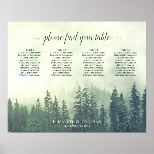Rustic Green Pines 4 Table Wedding Seating Chart Poster (Voorkant)