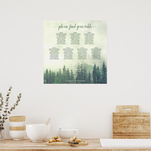 Rustic Green Pines 7 Table Wedding Seating Chart Poster (Keuken)