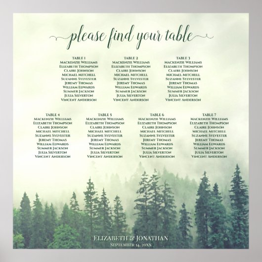 Rustic Green Pines 7 Table Wedding Seating Chart Poster (Voorkant)