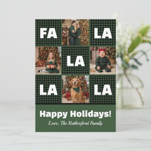 Rustic Green Plaid Fa La La Custom Photo Christmas Feestdagenkaart (Staand voorkant)