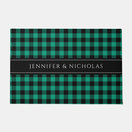 Rustic Green Plaid Gingham Naam Deurmat (Voorkant)