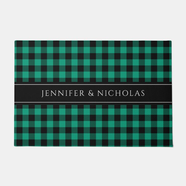 Rustic Green Plaid Gingham Naam Deurmat (Voorkant)