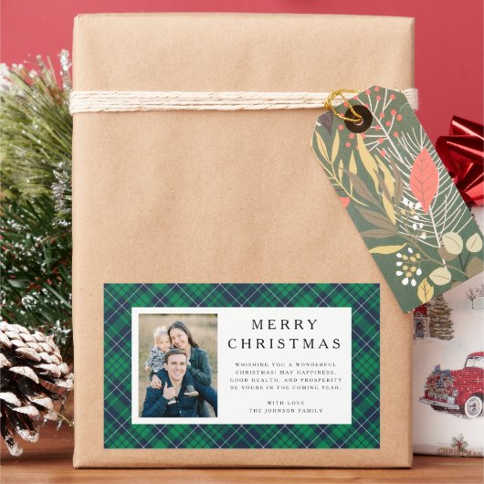 Rustic Green Plaid Photo Christmas Rechthoekige Sticker (Feestdagen)