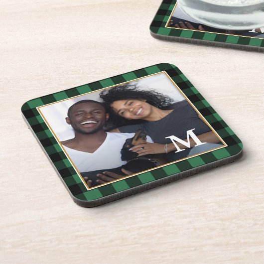 Rustic Green Pset Monogram Foto Bier Onderzetter (Linkerzijde)