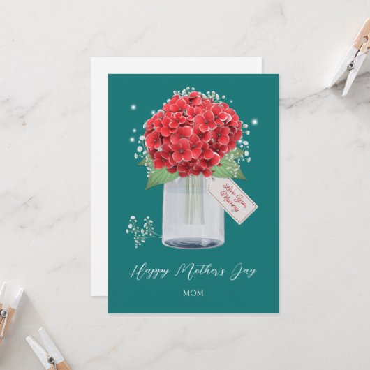 Rustic Green Red Floral Happy Moederdag Kaart (Voorkant / Achterkant in situ)