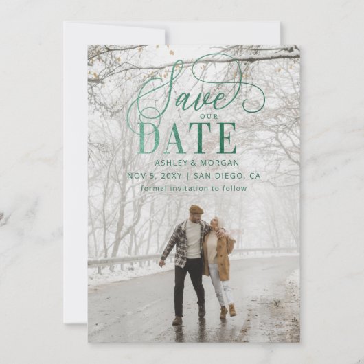 Rustic Green Script Modern Photo Save the Date (Voorkant)