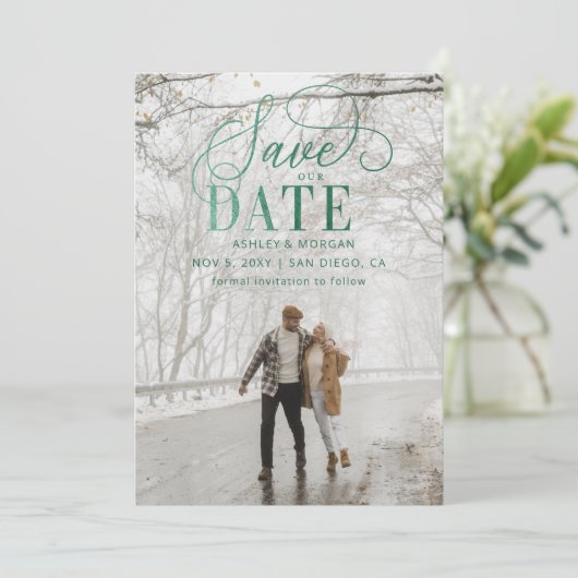 Rustic Green Script Modern Photo Save the Date (Staand voorkant)