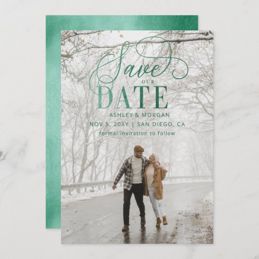 Rustic Green Script Modern Photo Save the Date (Voorkant / Achterkant)