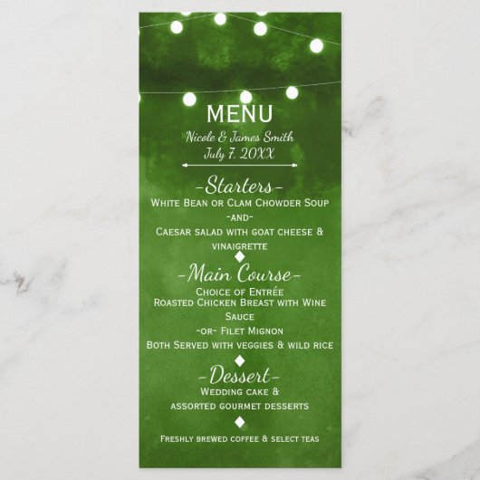 Rustic Green String Lights Elegant Wedding Menu (Voorkant)