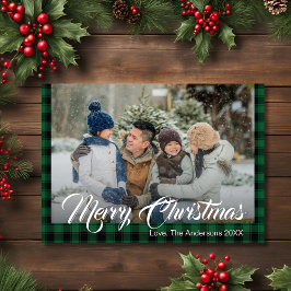 Rustic Green Tartan Buffalo Plaid Kerstfoto Feestdagenkaart