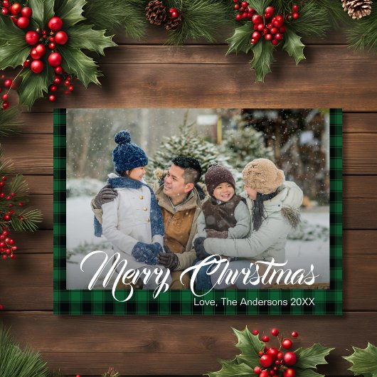Rustic Green Tartan Buffalo Plaid Kerstfoto Feestdagenkaart