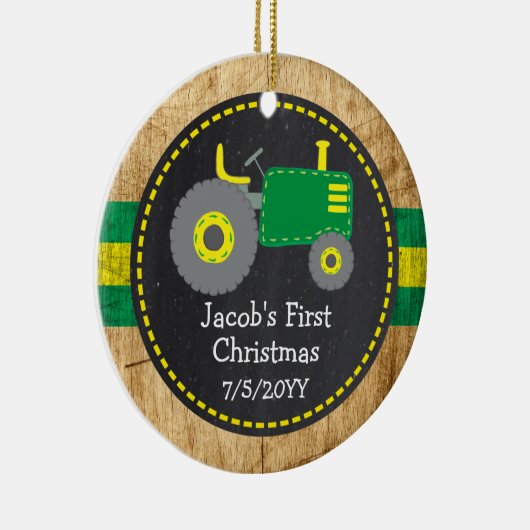 Rustic Green Tractor First Kerstwood Foto Keramisch Ornament (Rechts)