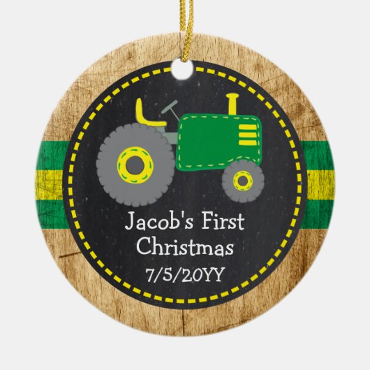 Rustic Green Tractor First Kerstwood Foto Keramisch Ornament (Voorkant)
