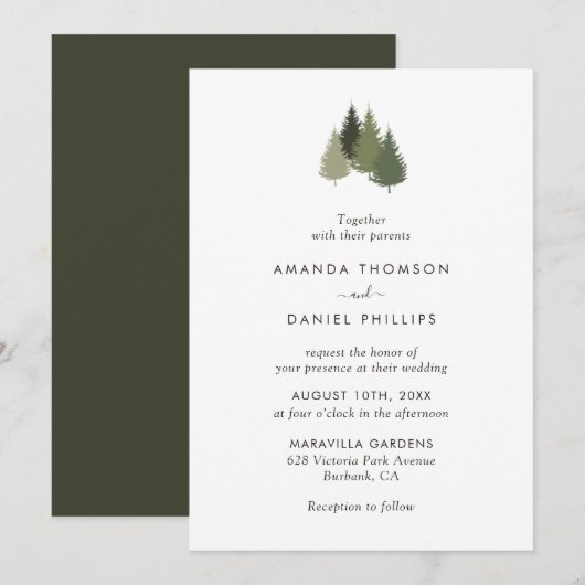 Rustic Green Tree Forest Wedding Invitations Kaart (Voorkant / Achterkant)