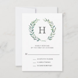 Rustic Green Waterverf Wreath Monogram Wedding RSVP Kaartje