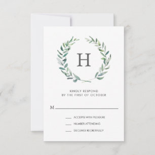 Rustic Green Waterverf Wreath Monogram Wedding RSVP Kaartje