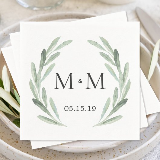 Rustic Green Waterverf Wreath Monogram Wedding Servetten