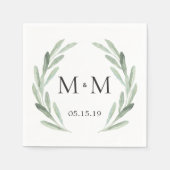 Rustic Green Waterverf Wreath Monogram Wedding Servetten (Voorkant)