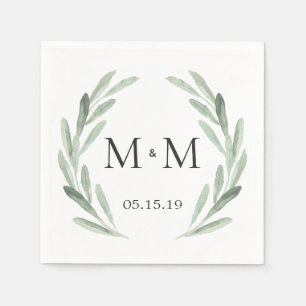 Rustic Green Waterverf Wreath Monogram Wedding Servetten