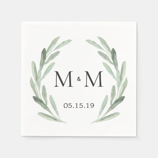 Rustic Green Waterverf Wreath Monogram Wedding Servetten (Voorkant)
