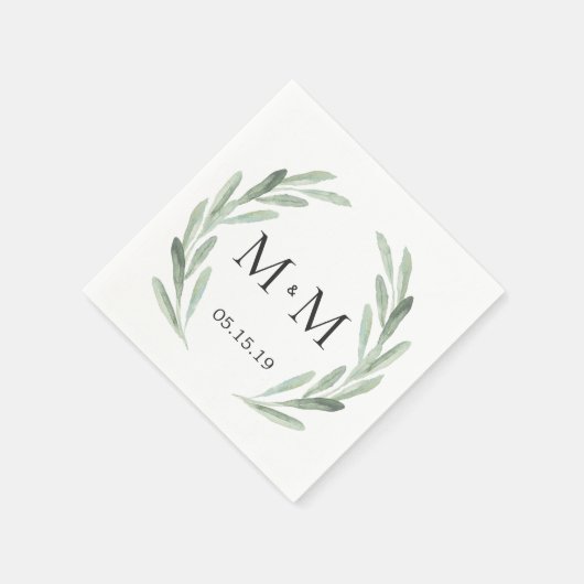 Rustic Green Waterverf Wreath Monogram Wedding Servetten (Hoek)