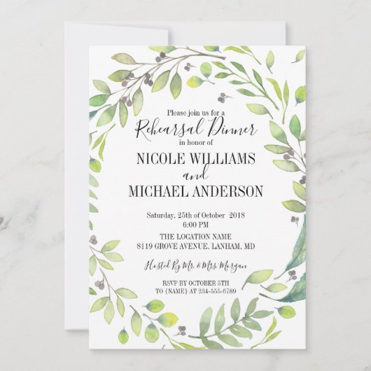 RUSTIC Green waterverf WREATH Rehearings Dinner Kaart (Voorkant)