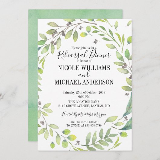 RUSTIC Green waterverf WREATH Rehearings Dinner Kaart (Voorkant / Achterkant)