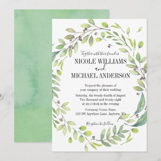 RUSTIC Green waterverf WREATS Foliage WEDDING Kaart (Voorkant / Achterkant)