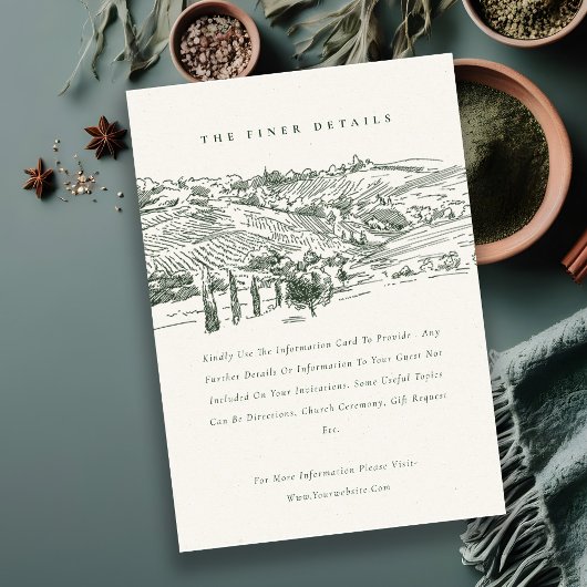 Rustic Green Winery Mountain Sketch Wedding Detail Informatiekaartje