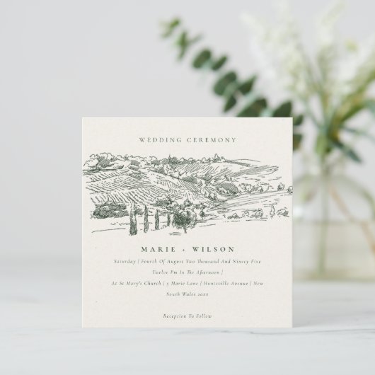 Rustic Green Winery Mountain Sketch Wedding Invite Bedankkaart (Staand voorkant)