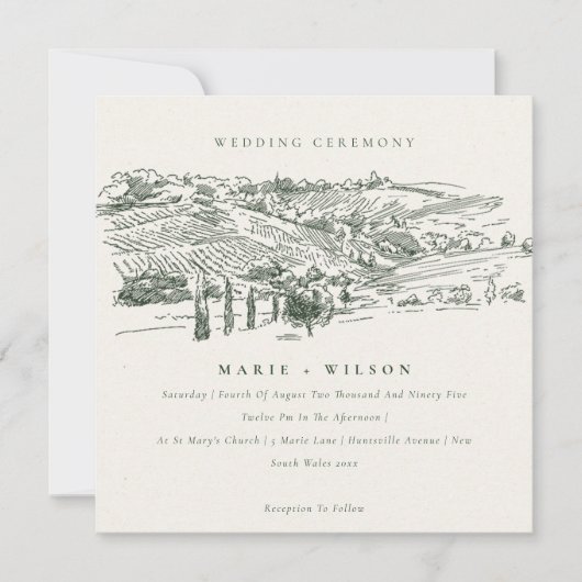 Rustic Green Winery Mountain Sketch Wedding Invite Bedankkaart (Voorkant)