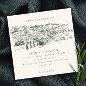 Rustic Green Winery Mountain Sketch Wedding Invite Bedankkaart