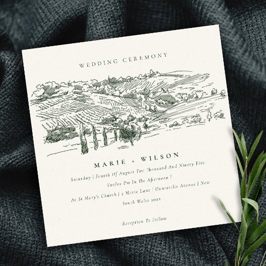 Rustic Green Winery Mountain Sketch Wedding Invite Bedankkaart