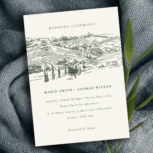 Rustic Green Winery Mountain Sketch Wedding Invite Bedankkaart