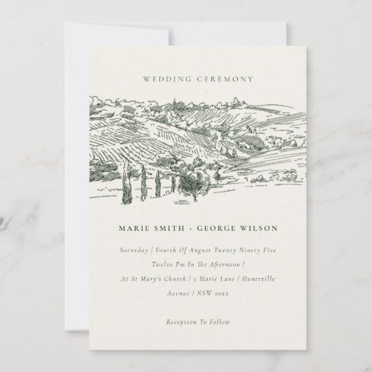 Rustic Green Winery Mountain Sketch Wedding Invite Bedankkaart (Voorkant)