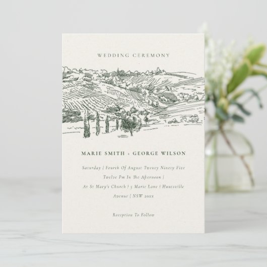 Rustic Green Winery Mountain Sketch Wedding Invite Bedankkaart (Staand voorkant)